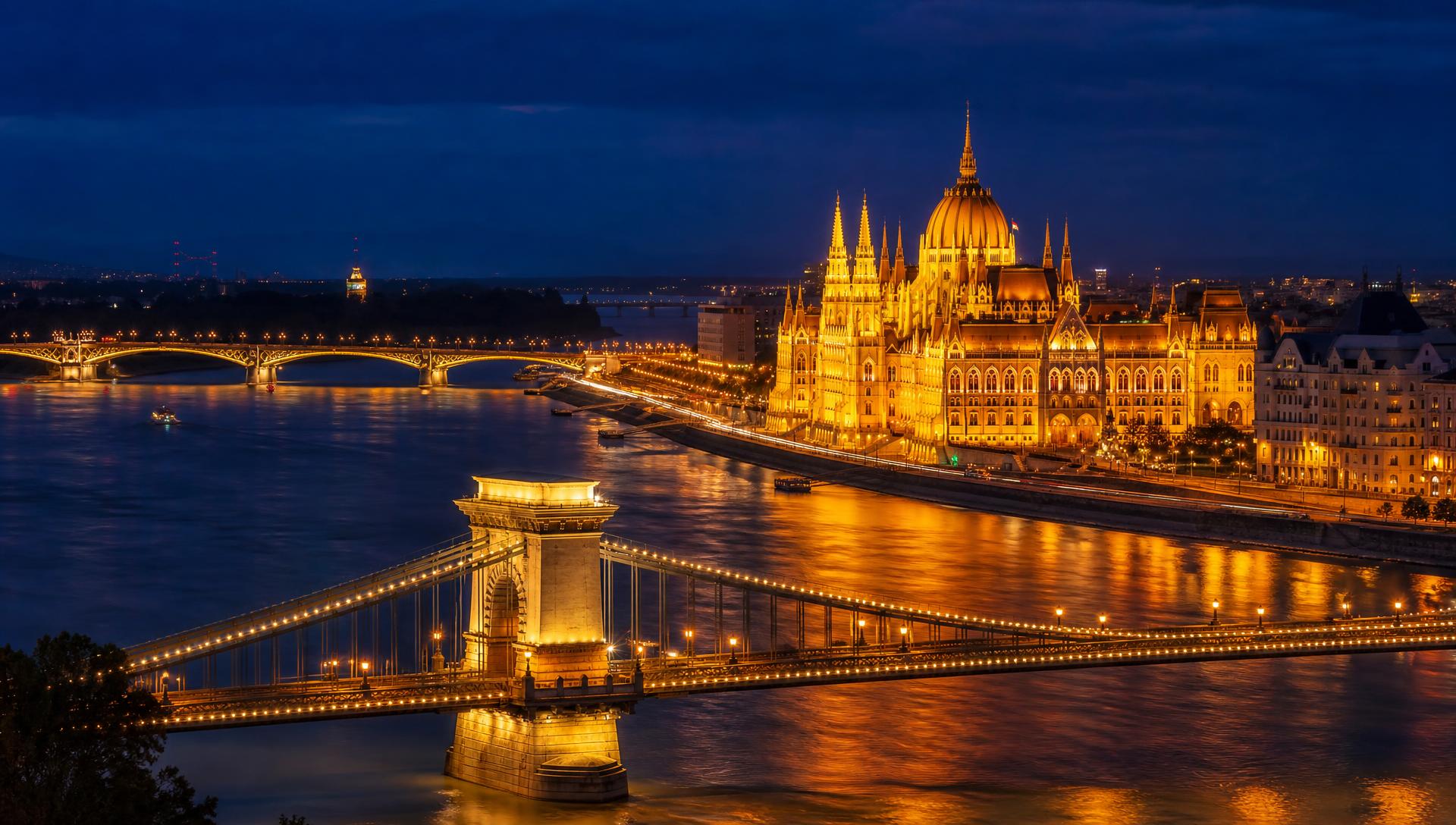 Illuminated Hungarian Parliament Building and Chain Bridge over the Danube at night